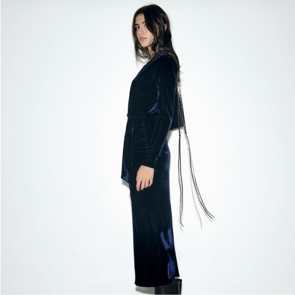 Zara Ruched Velvet Midi Dress Blue - Picture 4 of 6